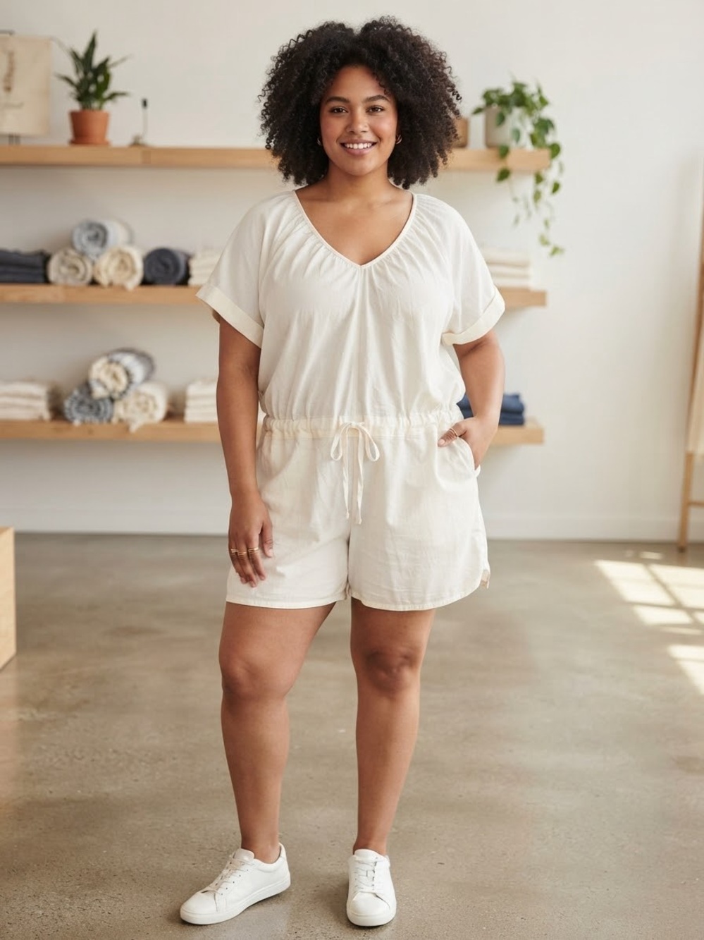 NWT Universal Thread short sleeve v neck drawstring waist linen blend romper 2X.